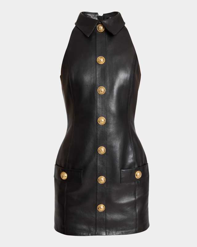 Buttoned Lambskin Leather Bodycon Dress